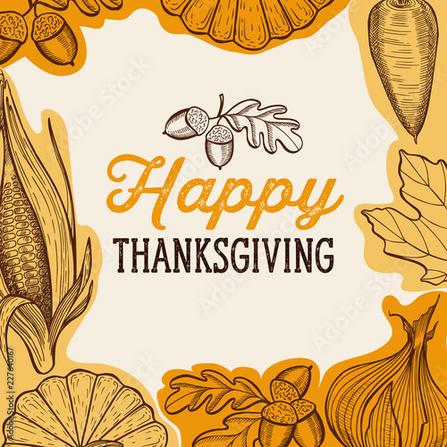 Happy thanksgiving day background with lettering and illustrations.