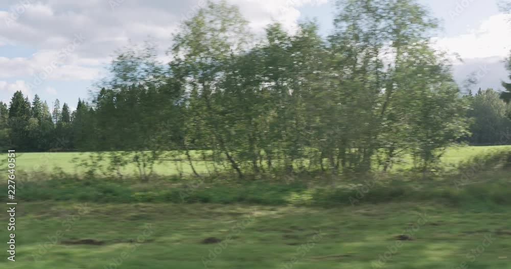 Slow motion driving plate side view of mixed rural landscape in early autumn from moving car Slow motion driving plate side view of mixed rural landscape in early autumn from moving car