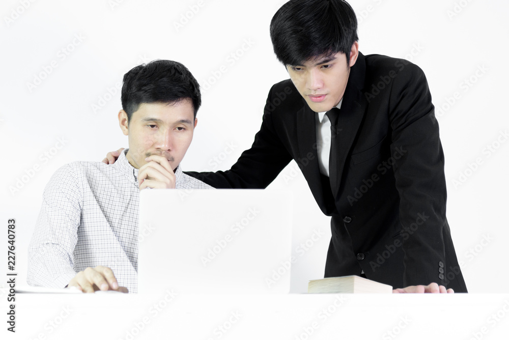 Asian manger businessman and employee salary man has working together with feeling happy and success, isolated on white background. Asian manger businessman and employee salary man has working together with feeling happy and success, isolated on white background.