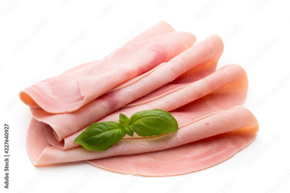 Sliced boiled ham sausage isolated on white background, top view. Sliced boiled ham sausage isolated on white background, top view.