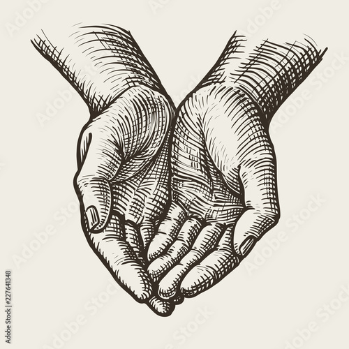 Cupped hands, folded arms. Sketch vintage vector illustration