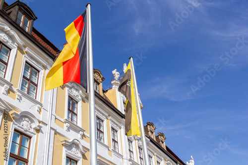 Europe, German and  Saxony-Anhalt flag in front of the state parliament in Magdeburg / Germany