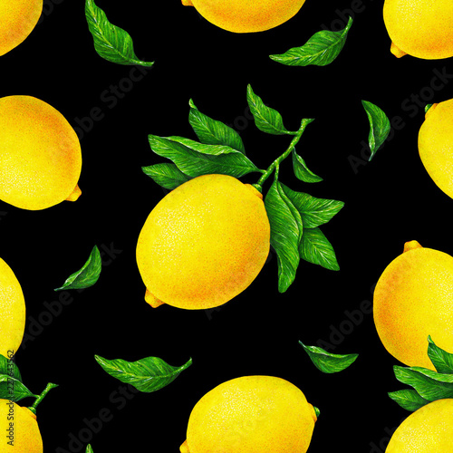 Illustration of beautiful yellow lemon fruits on a branch with green leaves on an black background. Watercolor drawing seamless pattern for design