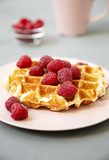 Traditional belgian waffle with raspberries on pink plate over concrete background, side view. Close-up.