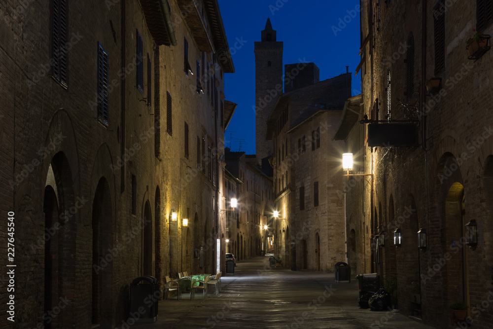 Medieval streets of San Gimignano at night, Tuscany, Italy
