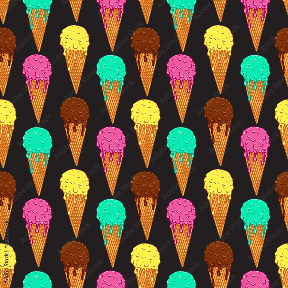 Colorful ice cream cones vector seamless pattern.  