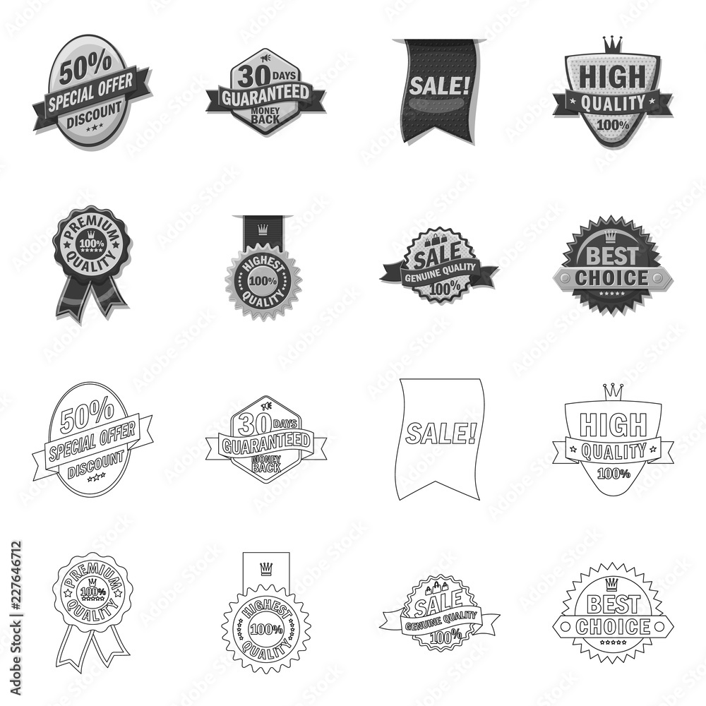Vector illustration of emblem and badge icon. Collection of emblem and sticker vector icon for stock.