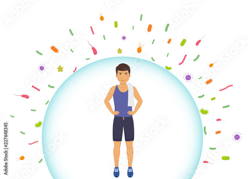 Sports man reflects bacteria. Protecting immune system from bad bacteria. Barrier against viruses.