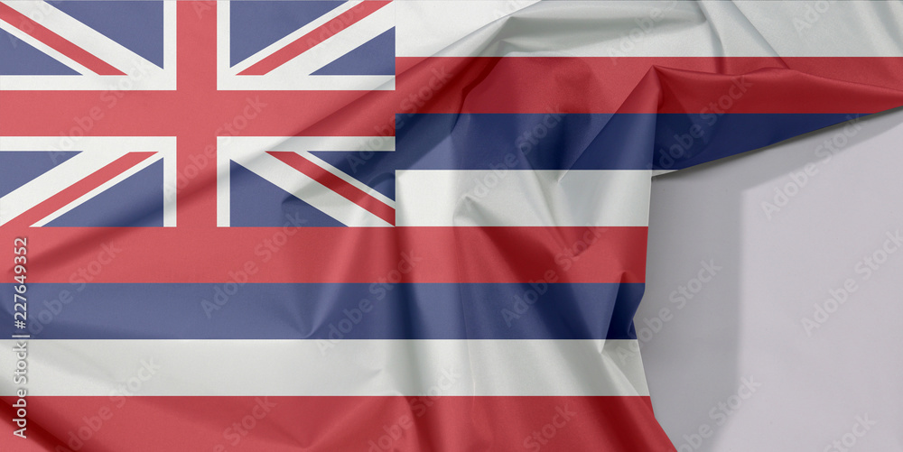 Hawaii fabric flag crepe and crease with white space, The states of America, Eight alternating horizontal stripes of white red and blue with a Union flag in the canton. Hawaii fabric flag crepe and crease with white space, The states of America, Eight alternating horizontal stripes of white red and blue with a Union flag in the canton.