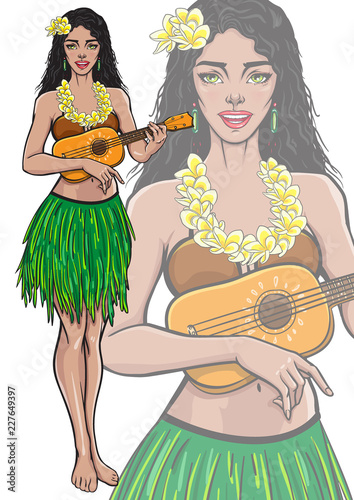Singing lady playing ukulele guitar. Beautiful smiling female in Hawaii traditional dress and Hawaiian flower lei necklace. Vector illustration in pop art, comic, pin up style. Isolated mascot poster.