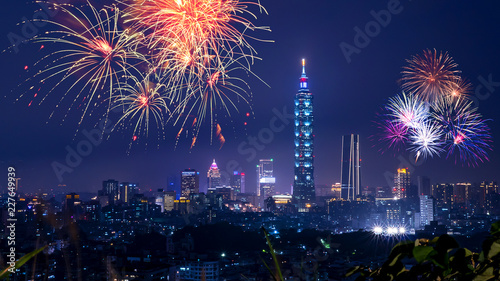 Taipei cityscape Night light with fireworks 7