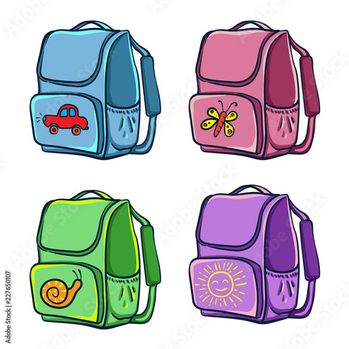 Colorful schoolbags set. Vector illustration of backpacks. Isolated on white background.