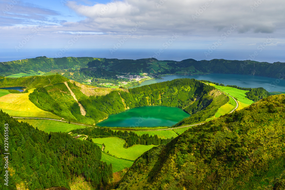 Naklejka premium Azores, Portugal. Beautiful view of volcanic lake from the mountains on San Miguel Island