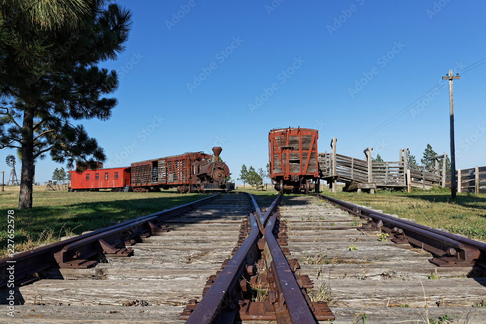 Old train in a western ghost town of South Dakota