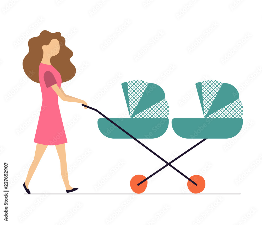 Mother and stroller for twins. Vector illustration in cartoon and flat  style Stock Vector | Adobe Stock