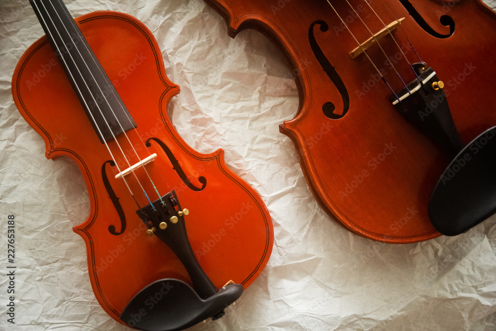 Fototapeta premium Two different size of violins put on background,shw detail of front side.