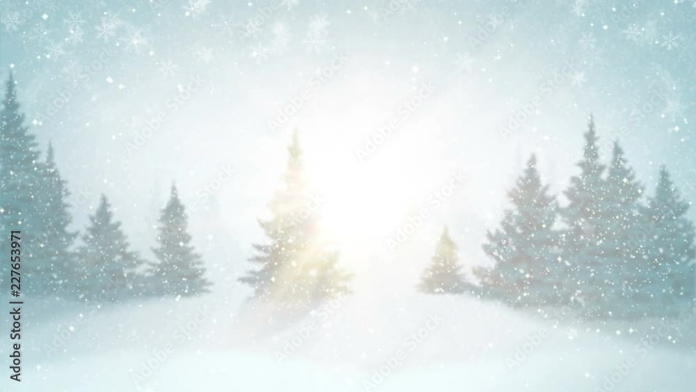 Snowfall, snow and fir trees covered with hoarfrost and snow in evening forest in winter. Looped motion graphic.