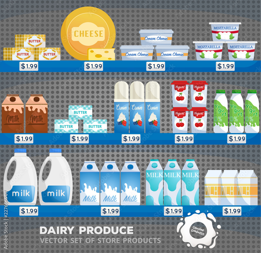 Dairy products. Supermarket store interior with goods. Milk and yogurt, cheese at supermarket showcase. 