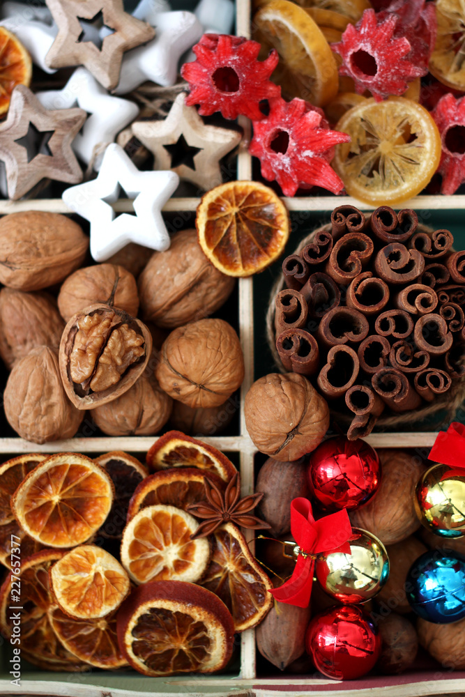 Box filled with christmas decoration 