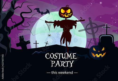 Costume party weekend purple banner design. Lettering with straw man, pumpkin, graves, cemetery, bat and full moon. Can be used for invitations.postcards,posters.