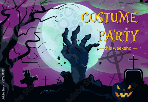 Halloween costume party poster design. Creative lettering with zombie hand from grave, pumpkin, trees, fog and full moon. Lettering can be used for invitations, banners, posters. 