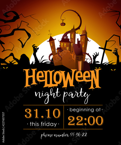 Halloween creative invitation for night party with cartoon castle. Party details with straw man with pumpkin head, zombie hands and full moon. Can be used for invitations posters.
