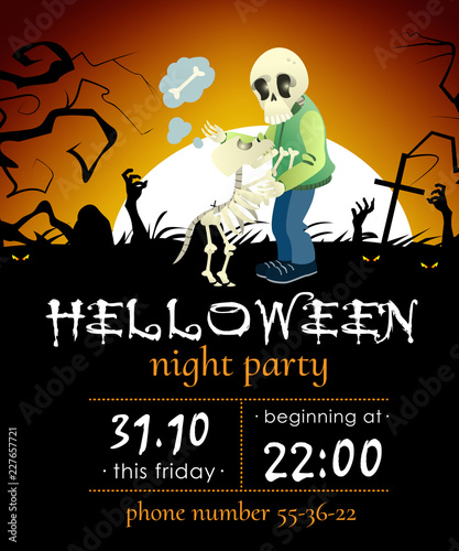 Halloween invitation for  night party with skeleton. Party details with skeleton, skeleton dog, graves and full moon. Can be used for invitations and online banners. 