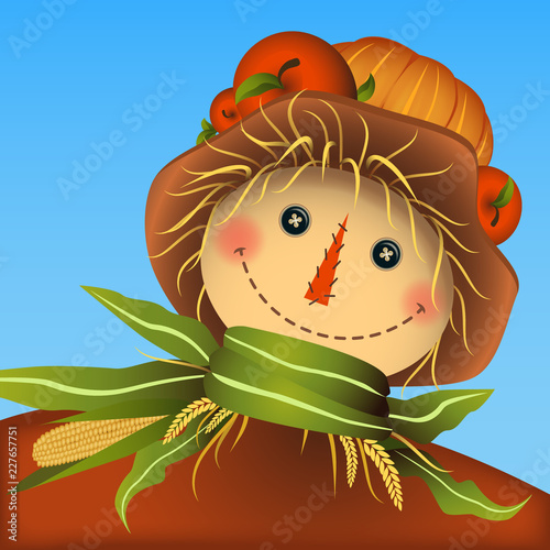 Smiling scarecrow. Apples and pumpkin on the hat top. Corn leaves scarf with straw.