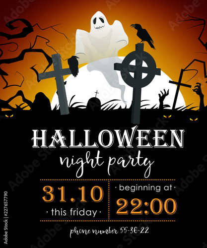 Halloween invitation for night party with poltergeist. Party details on party with poltergeist, graves and full moon. Can be used for invitations and postcards. 