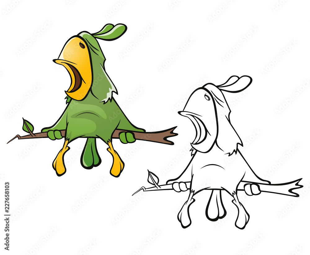 Fototapeta premium Illustration of a Cute Green Parrot. Cartoon Character. Outline 