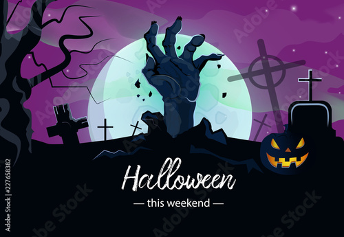 Halloween this weekend banner design with zombie hand 2. Creative lettering with zombie hand from grave, pumpkin, cemetery, tree and full moon. Can be used for posters. 