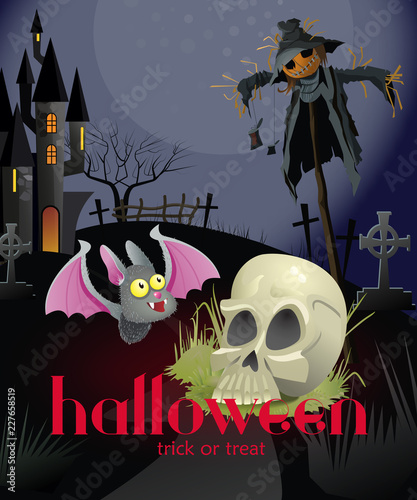Halloween trick or treat poster design with skull and straw man. Creative lettering with skull, straw man, bat and dark castle. Can be used for posters, banners. 