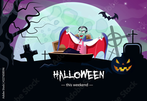 Halloween weekend info banner design. Creative lettering with vampire in coffin, pumpkin, bat, cemetery, tree and full moon. Can be used for info banners, posters. 