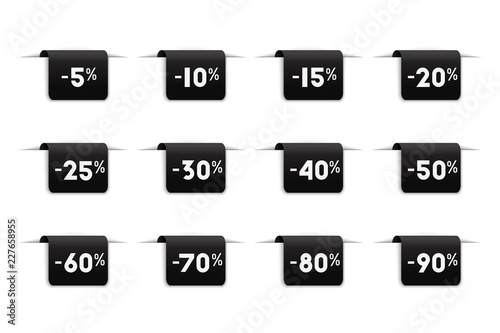 Bent discount label. Set of black promotion labels with deals from 5% and up to 90% off. 
