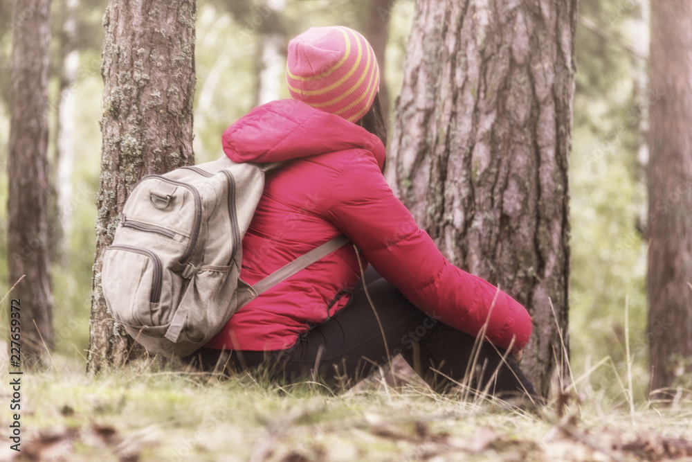 Woman tourism. Back of traveler in the forest looks for the road. Beautiful young woman is traveling and resting in the forest Woman tourism. Back of traveler in the forest looks for the road. Beautiful young woman is traveling and resting in the forest