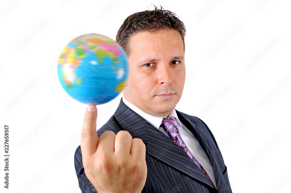 Businessman turning the world at the tip of his finger. Businessman turning the world at the tip of his finger.
