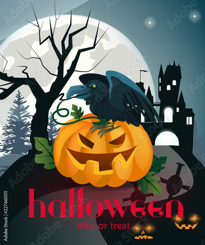 Halloween trick or treat poster design with raven on pumpkin. Creative lettering with cartoon pumpkin and black raven. Can be used for banners, posters,leaflets.