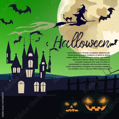 Halloween vector poster design. Calligraphy with dark castle, scary pumpkins, witch on broom, gothic castle, bat, full moon.  Can be used for posters,online banners. 