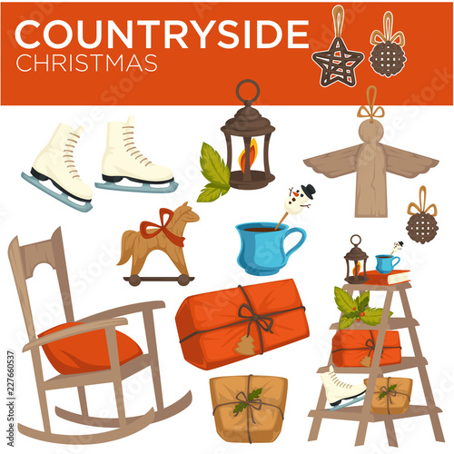 Countryside Christmas winter holiday elements, symbols of celebration