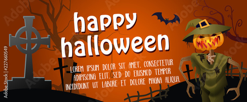 Happy Halloween horizontal poster design with straw man.  Creative lettering with straw man, grave, bat and tree on red background. Can be used for banners, posters. 