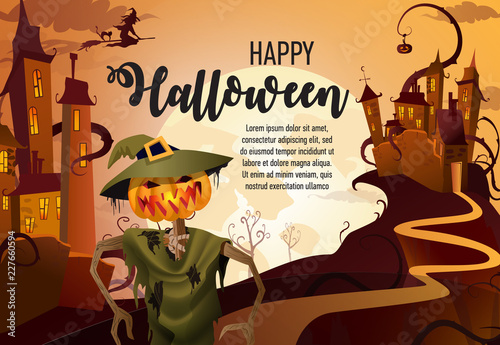 Happy Halloween poster design with  bright straw man. Calligraphy with straw man, pumpkin head, graves, castle and full moon. Can be used for banners, posters,invitations. 
