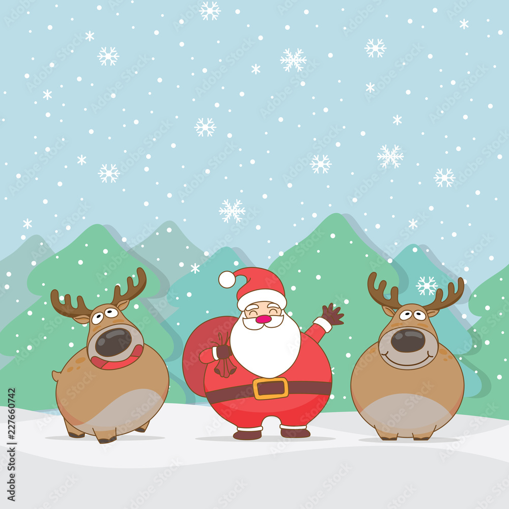 Cute Santa Claus and reindeer cartoon characters with snow falling background.