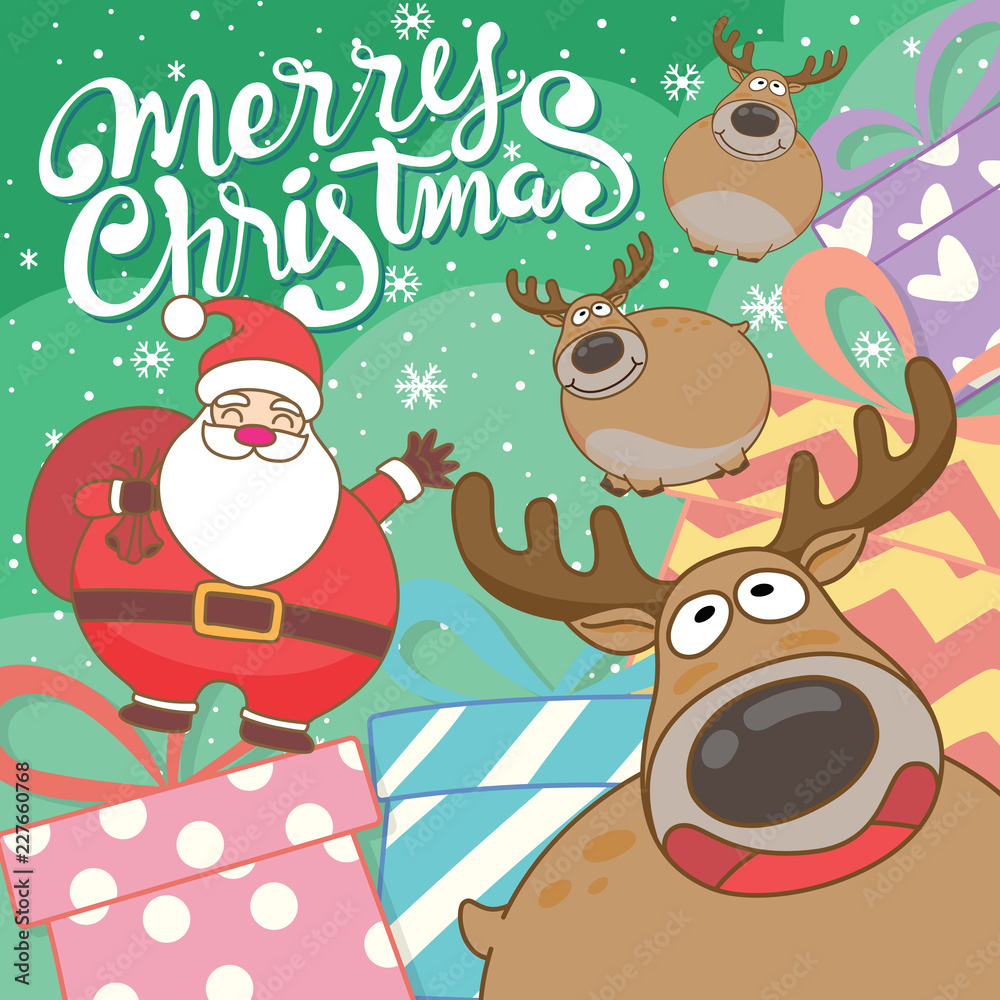Naklejka premium Cute Santa Claus and reindeer cartoon characters with snow falling and gifts background.