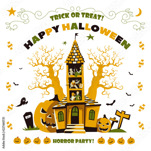 Happy Halloween horror party, haunted house with trees