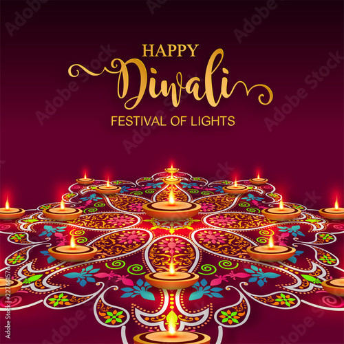 Happy Diwali festival card with gold diya patterned and crystals on paper color Background.