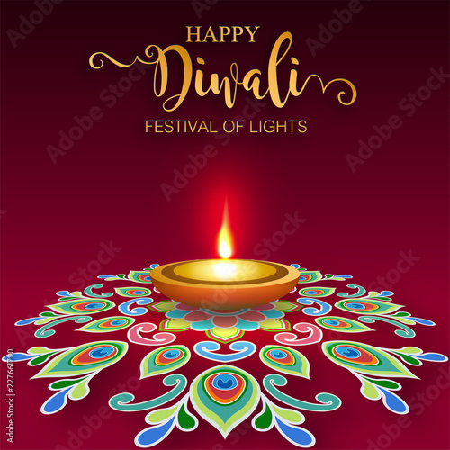 Happy Diwali festival card with gold diya patterned and crystals on paper color Background.