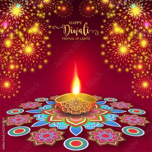 Happy Diwali festival card with gold diya patterned and crystals on paper color Background. photo