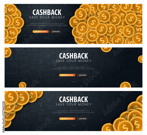 Set of Cashback service. Save your money. Gold coins on the dark doodle background.