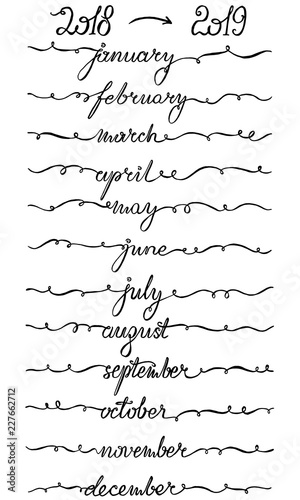 New Year 2019 Lettering for Calendar, Planner or Organizer - All Months Decorated with Swashes, Year Numbers as a Bonus