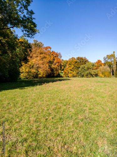 Park Landschaft im Herbst mit herbstlich gefärbten Bäumen,Wiesen und Flüssen in Weimar,Thüringen,Deutschland